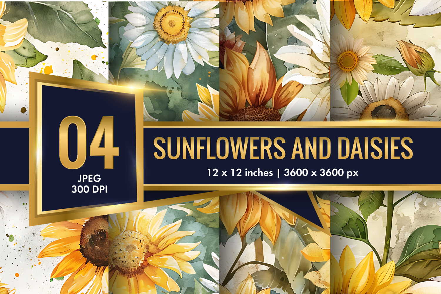 vintage watercolor sunflowers and daisies Digital Paper product image 1