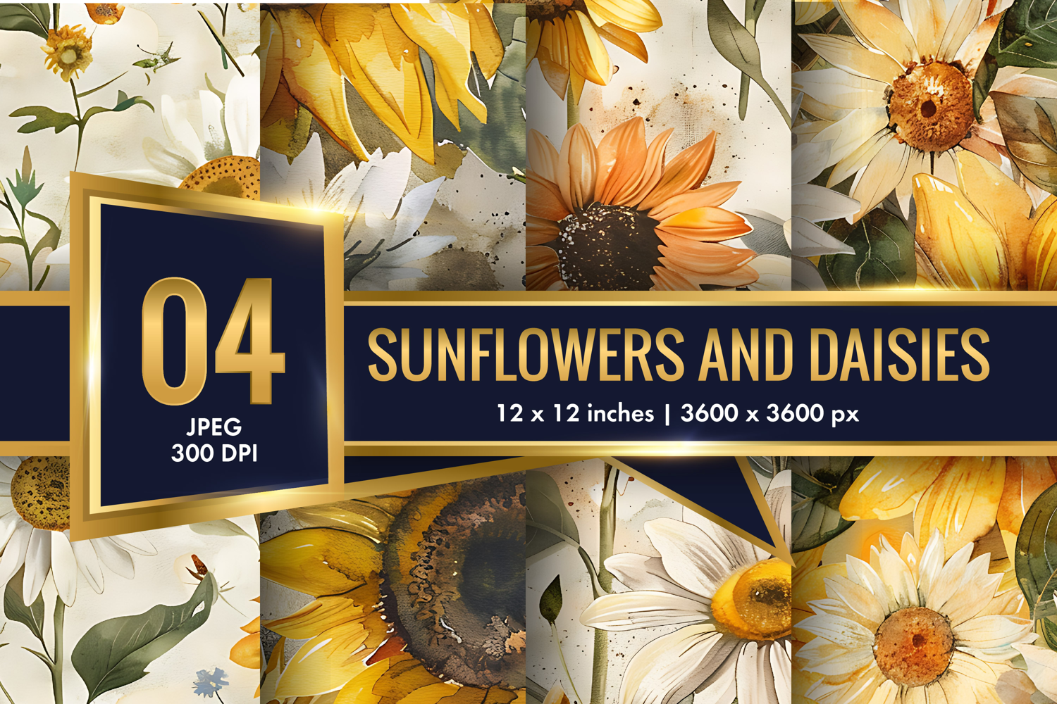 vintage watercolor sunflowers and daisies Digital Paper product image 1