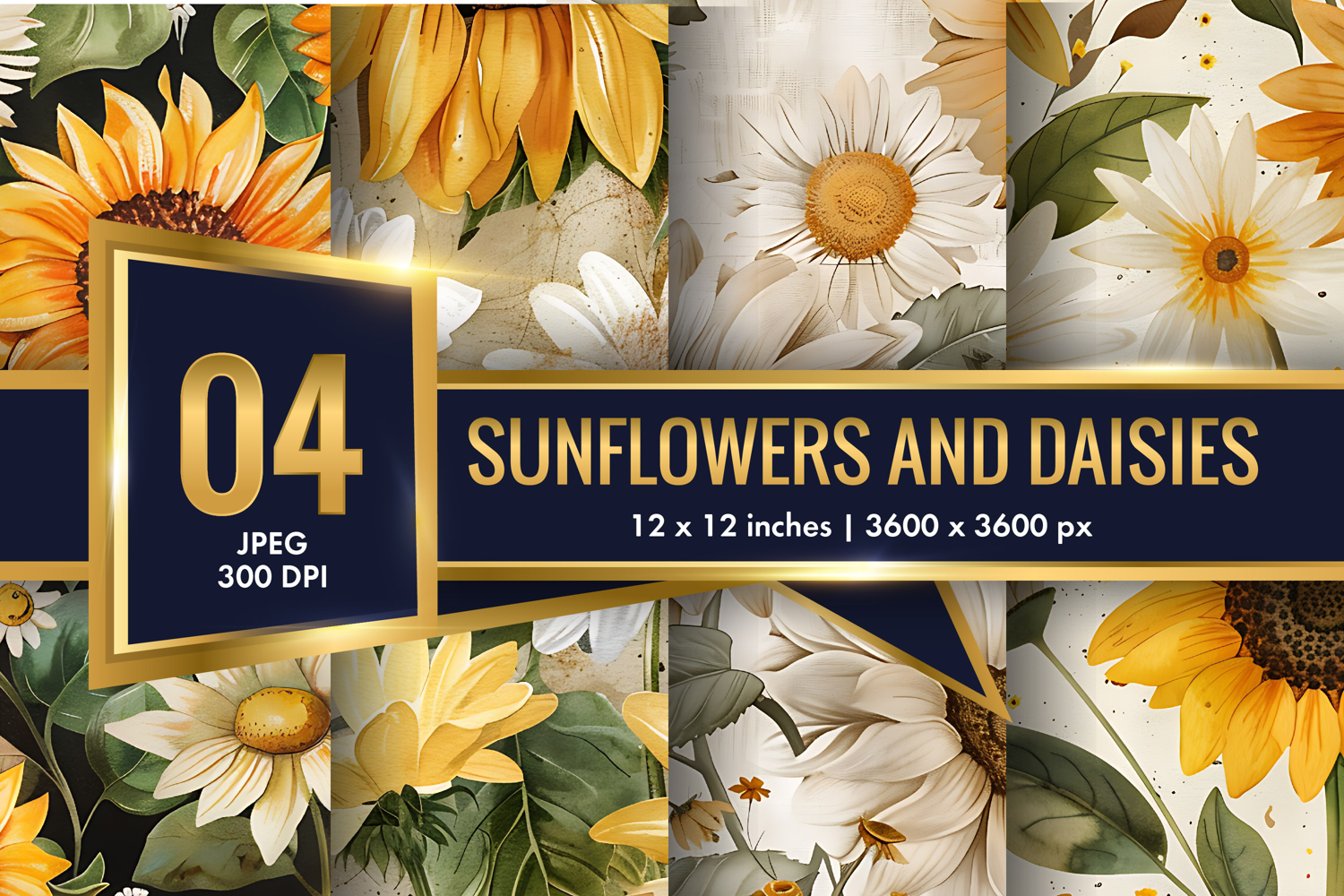 vintage watercolor sunflowers and daisies Digital Paper product image 1
