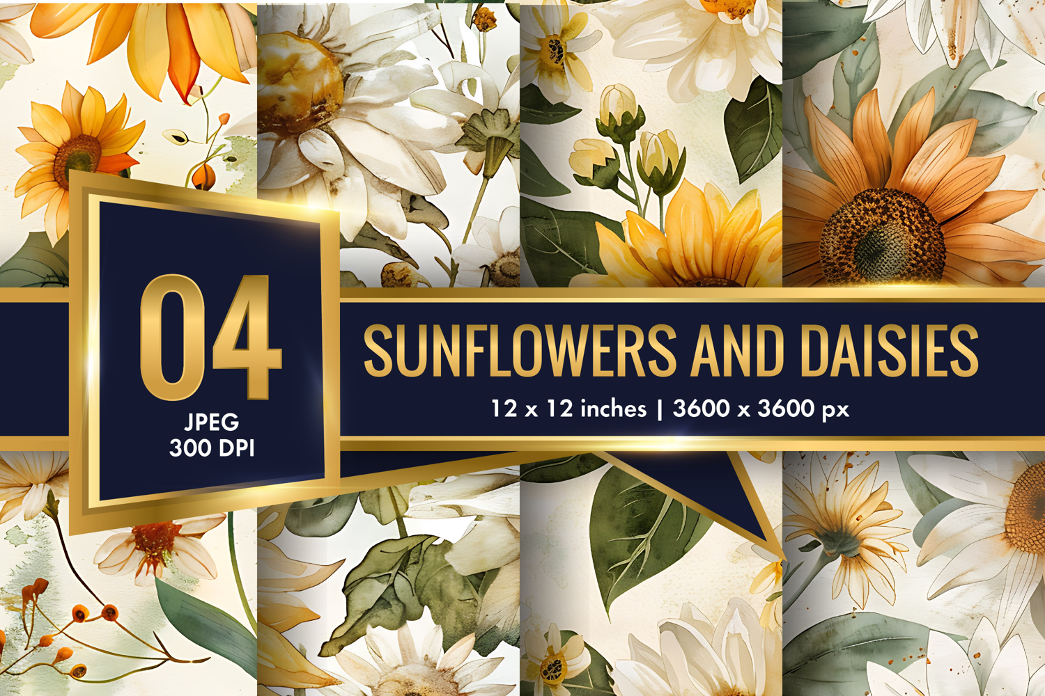 vintage watercolor sunflowers and daisies Digital Paper product image 1