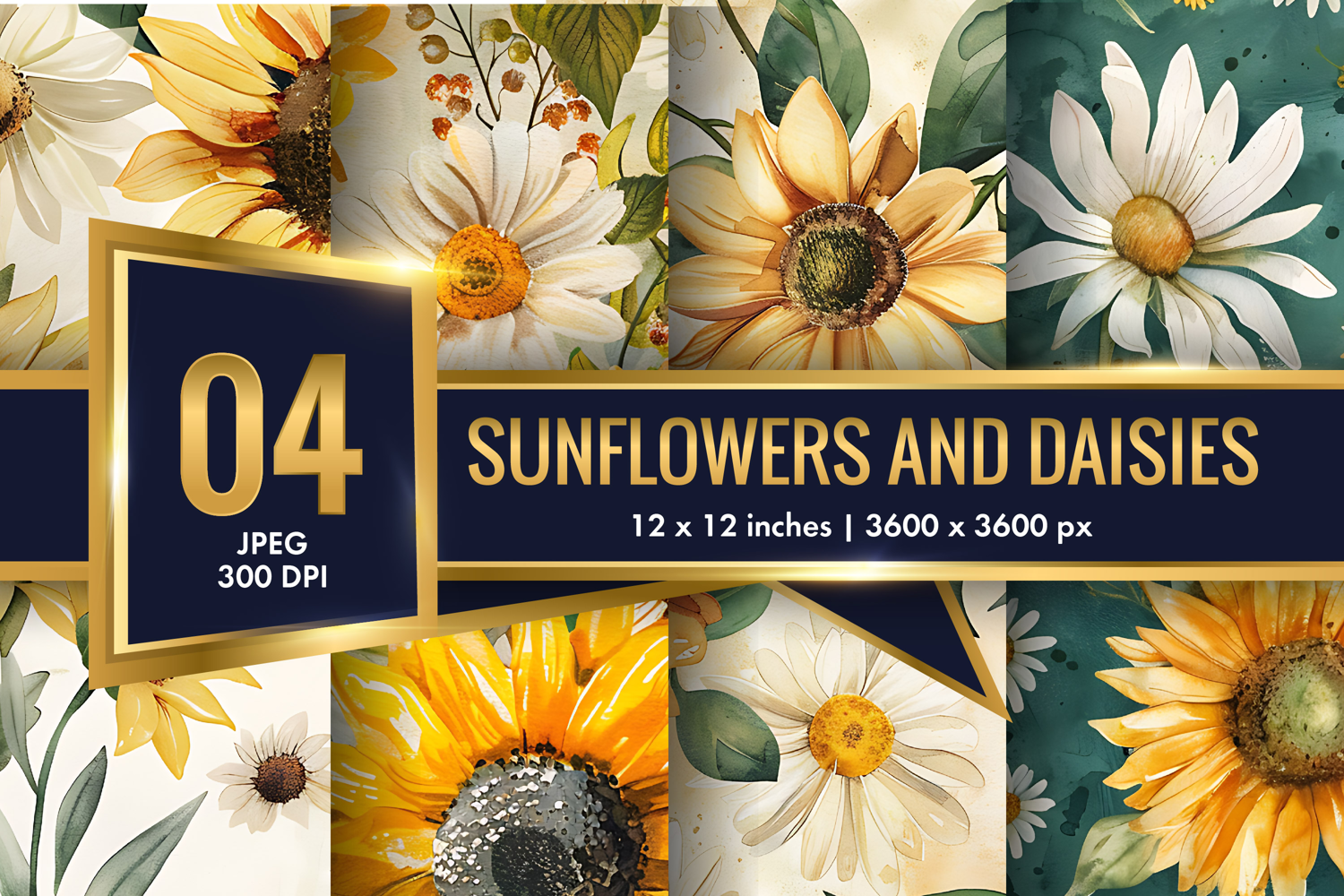 vintage watercolor sunflowers and daisies Digital Paper product image 1