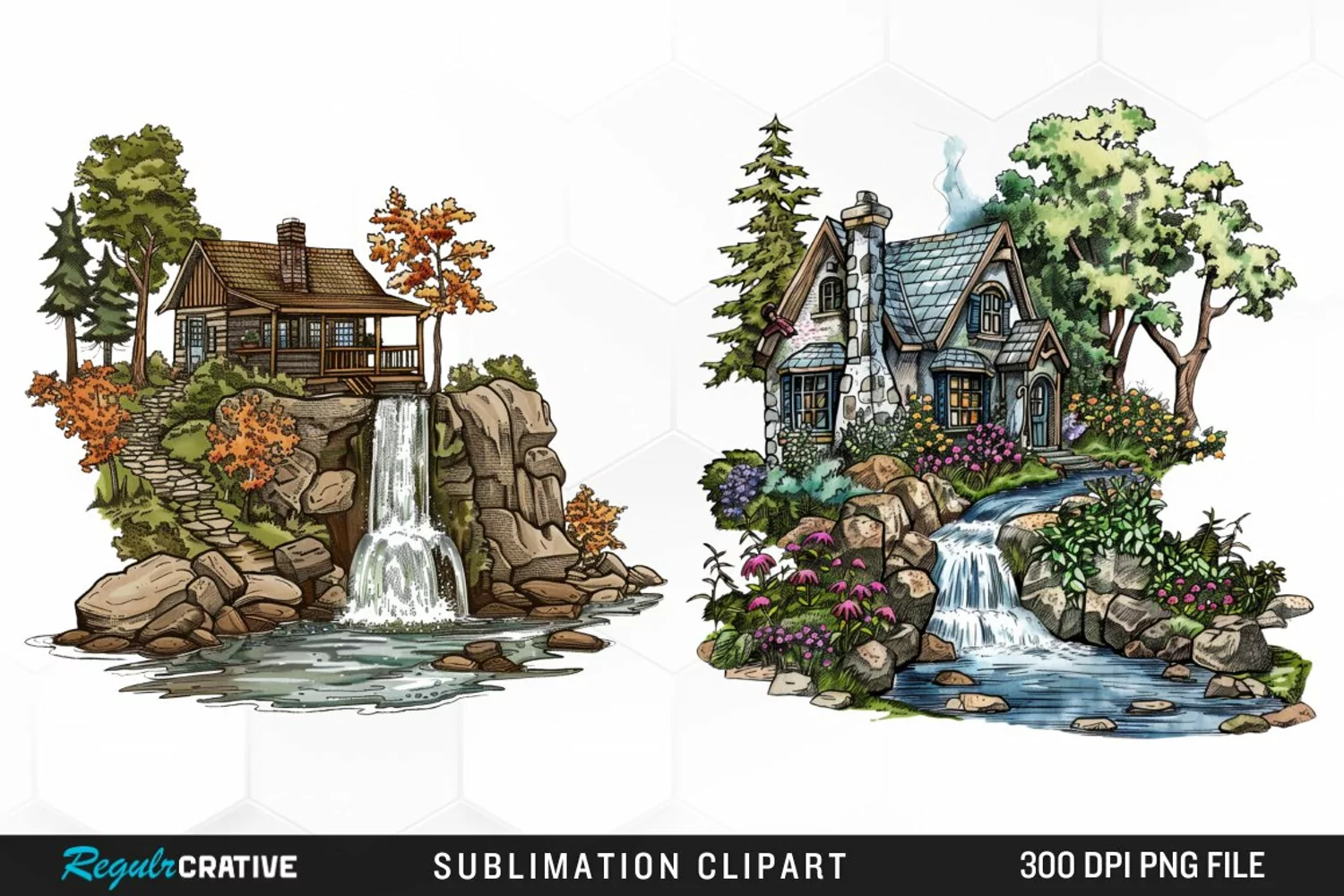 Vintage Waterfall Cottage Sublimation Clipart product image 1