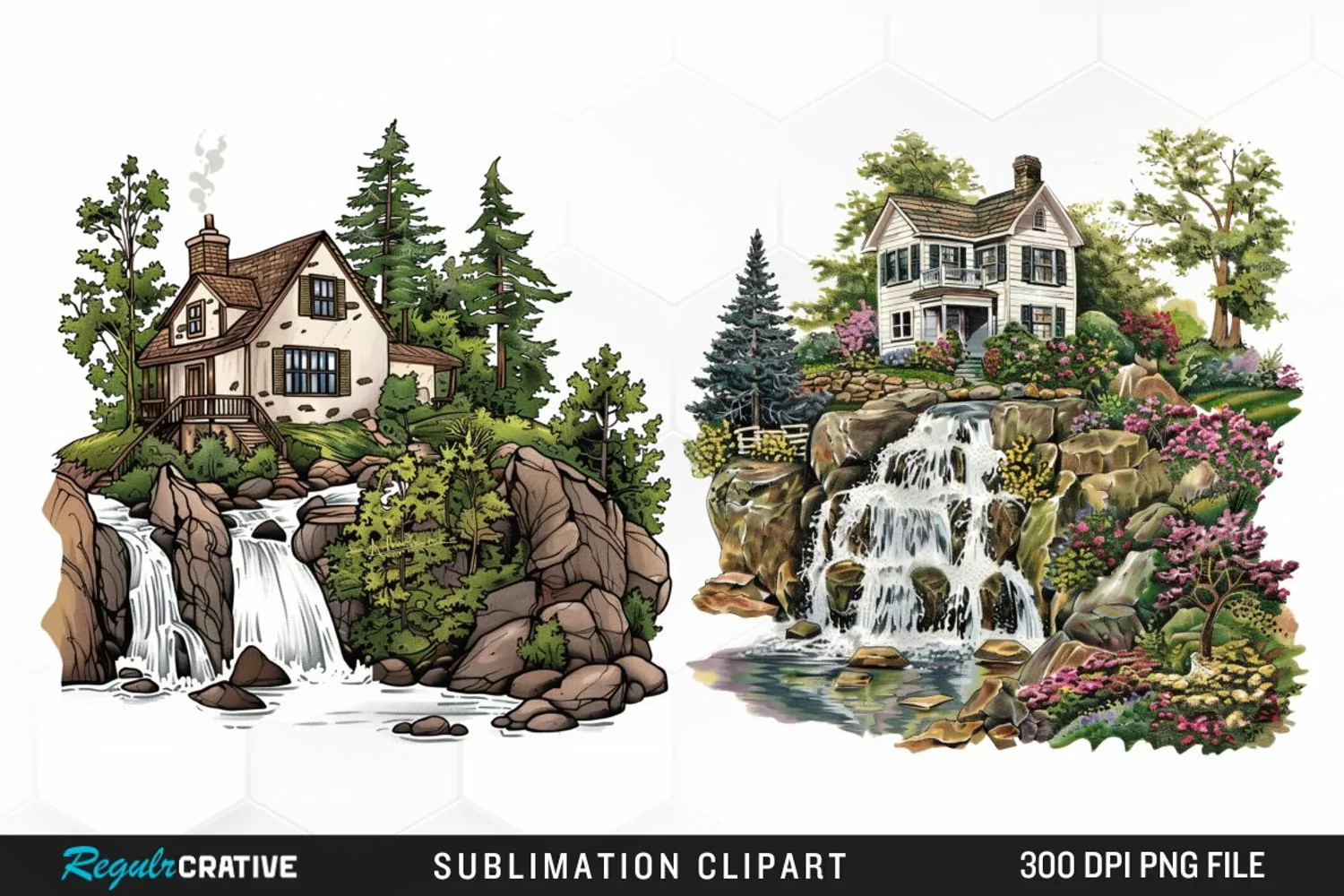 Vintage Waterfall Cottage Art Clipart product image 1