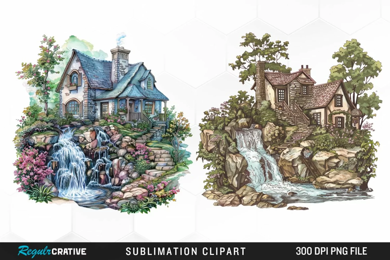 Vintage Waterfall Cottage Sublimation Clipart product image 1