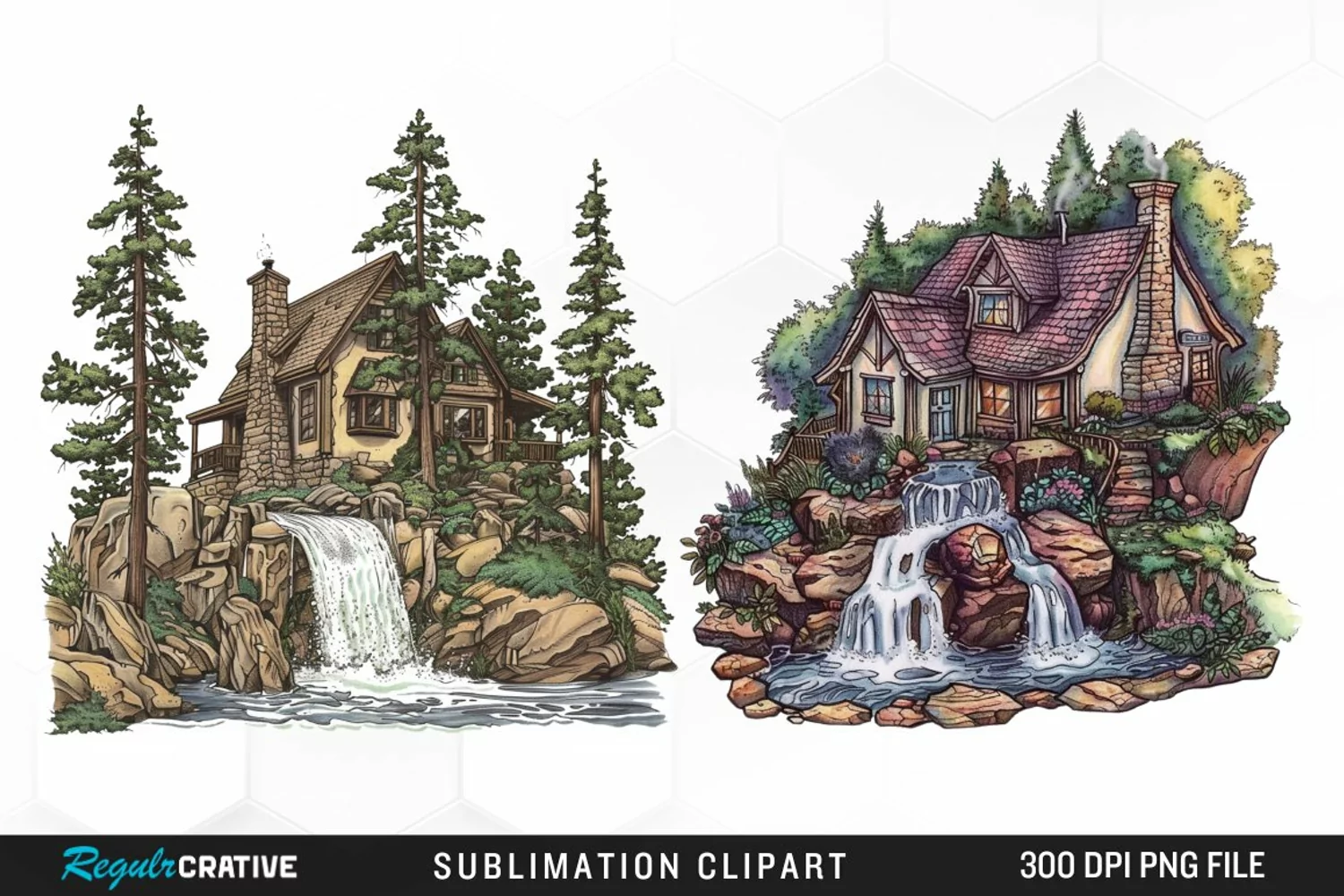Vintage Waterfall Cottage Sublimation Clipart product image 1