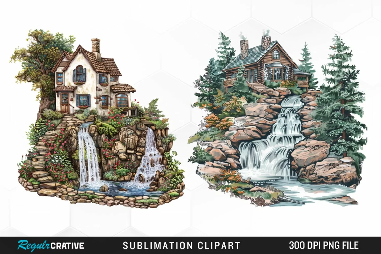Vintage Waterfall Cottage Sublimation Clipart product image 1