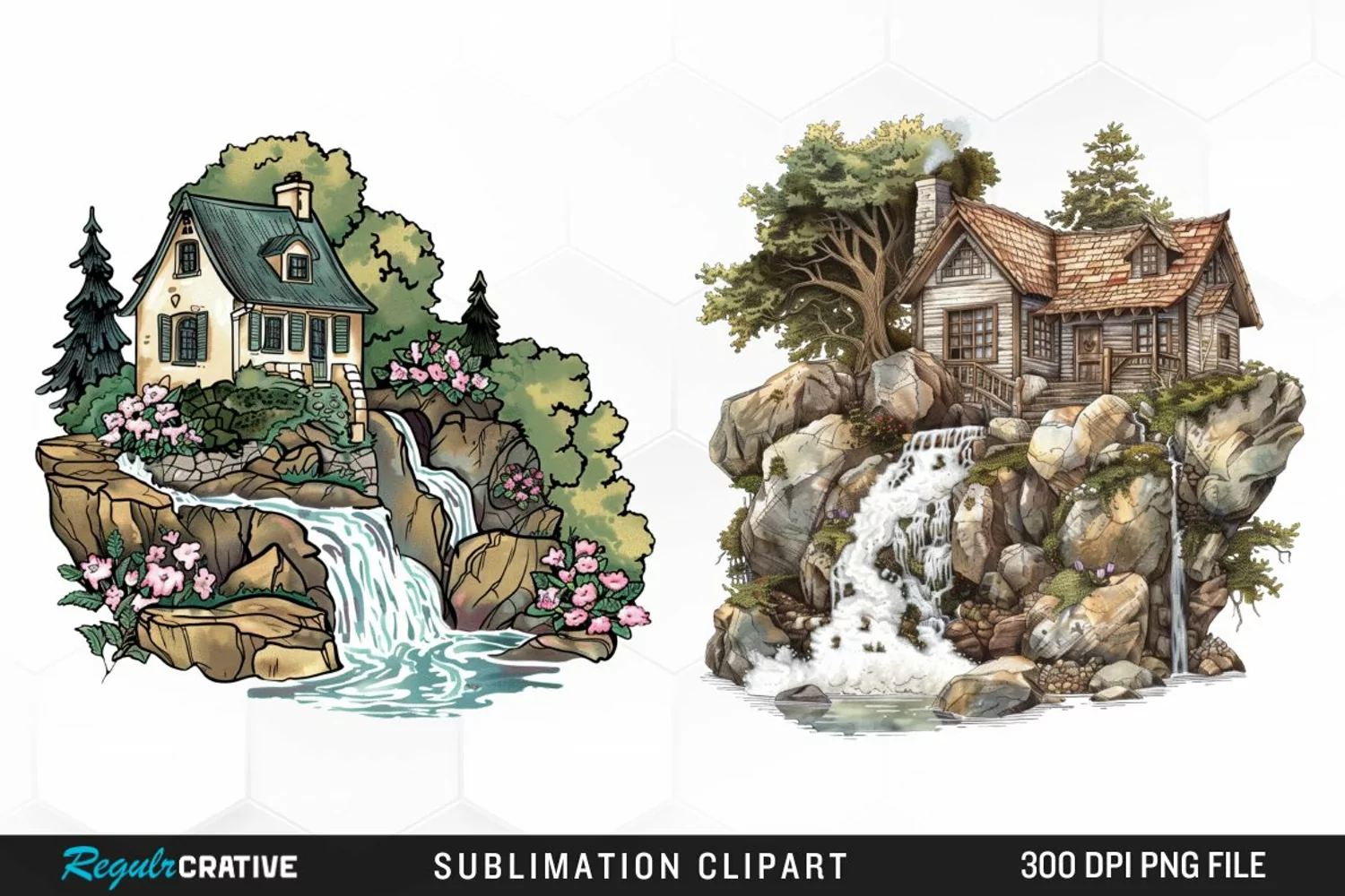 Vintage Waterfall Cottage Art Clipart product image 1