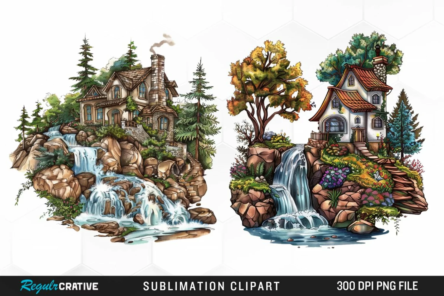 Vintage Waterfall Cottage Sublimation Clipart product image 1