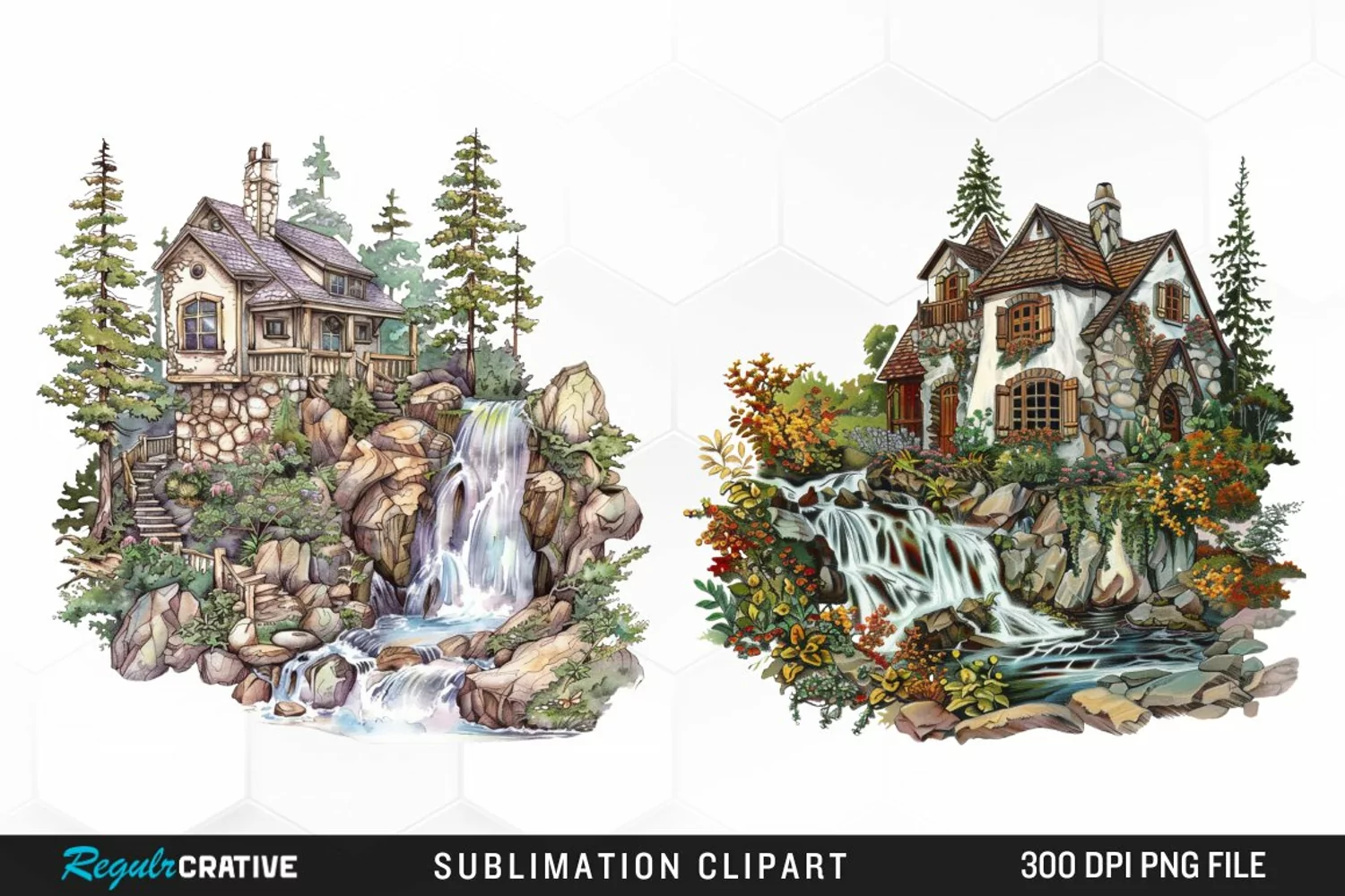 Vintage Waterfall Cottage Sublimation Clipart product image 1