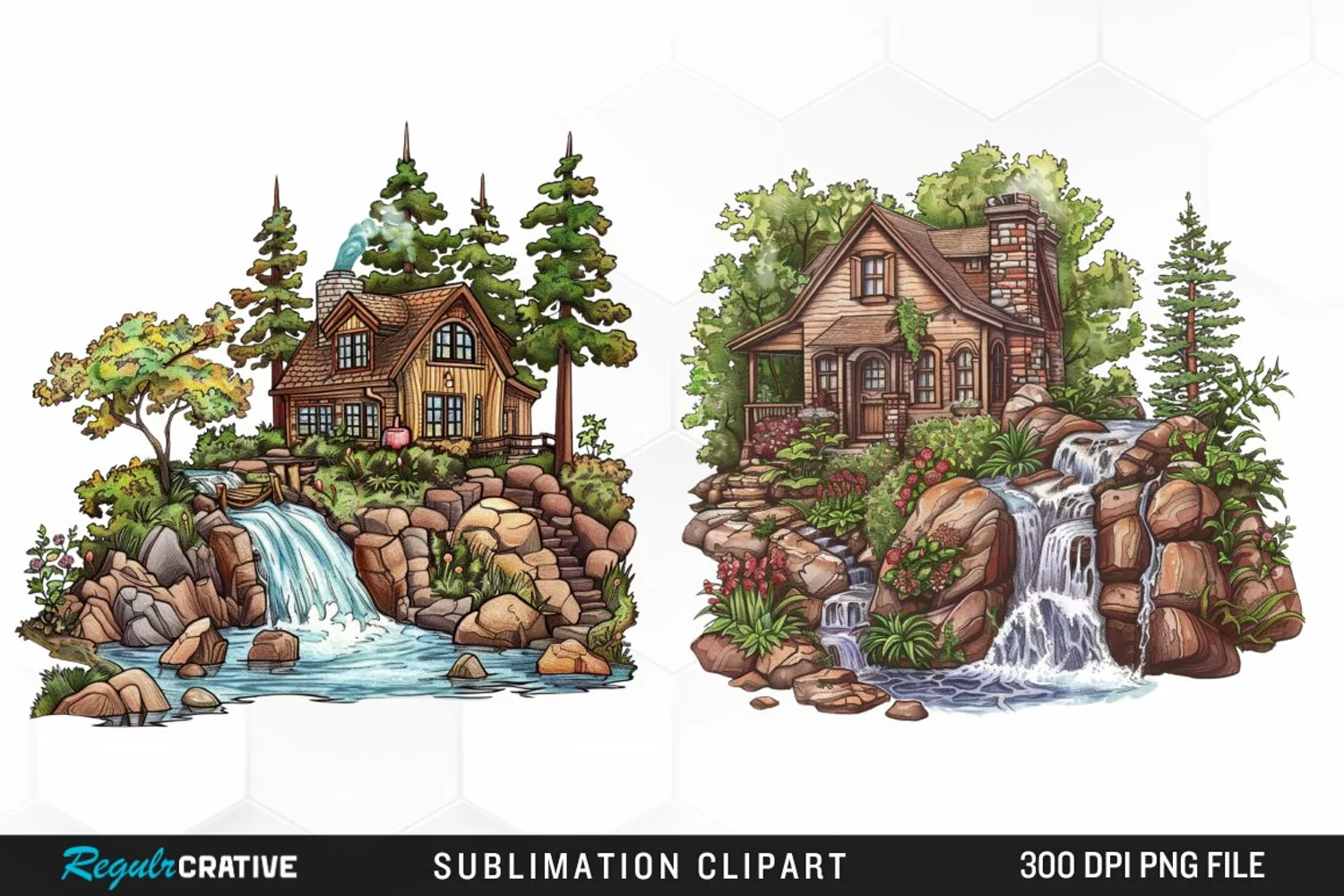 Vintage Waterfall Cottage Sublimation Clipart product image 1