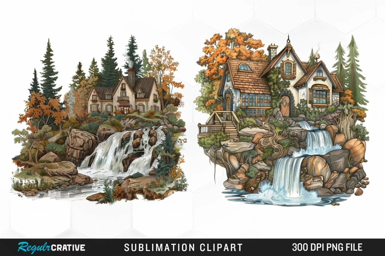 Vintage Waterfall Cottage Sublimation Clipart product image 1
