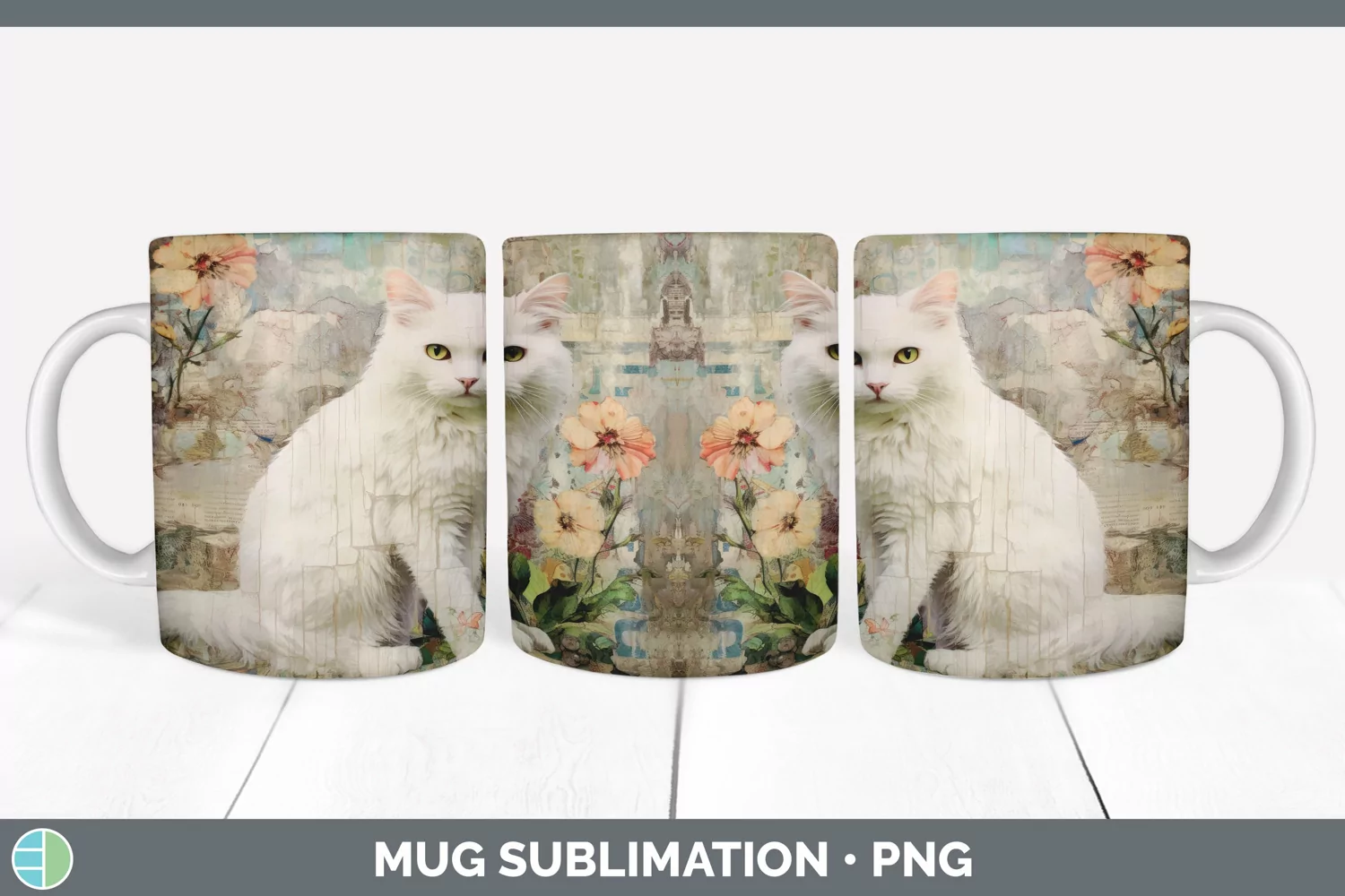 GorgeousDecoupage White Cats Mug Wrap design.