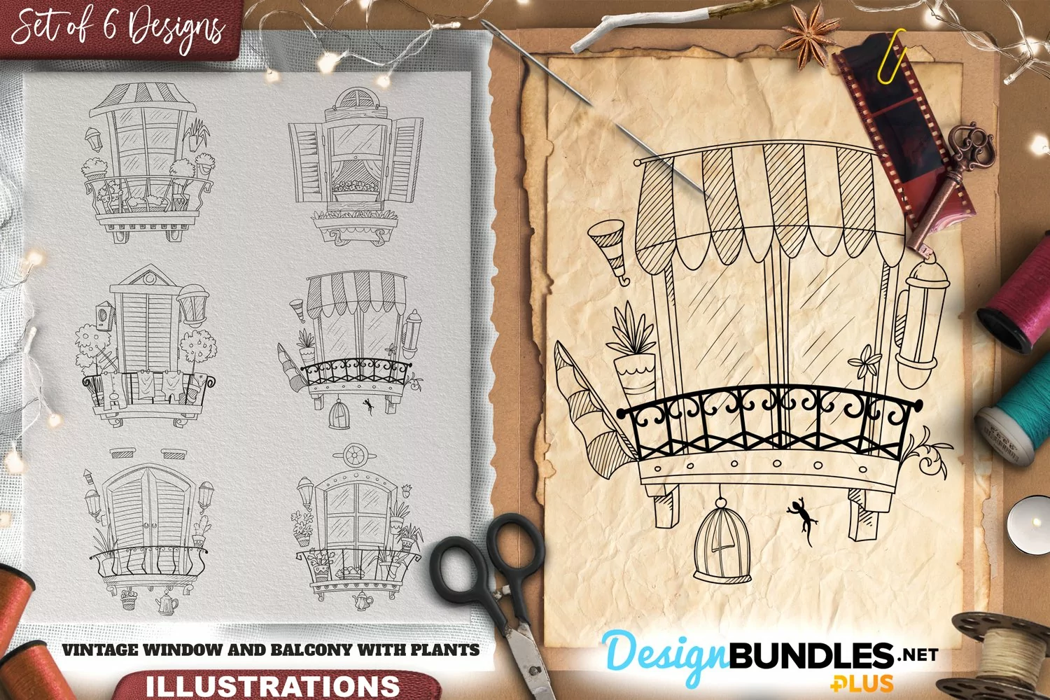 Vintage Window And Balcony With Plants Illustrations product image 1