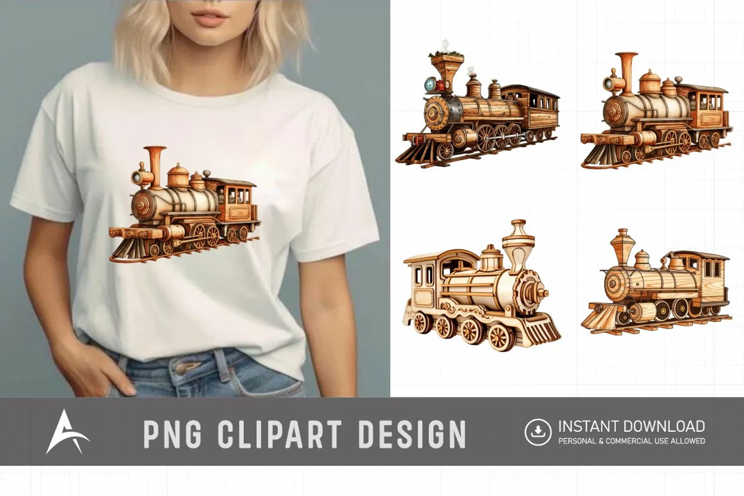 Watercolor Vintage Wooden Train Sublimation Clipart product image 1