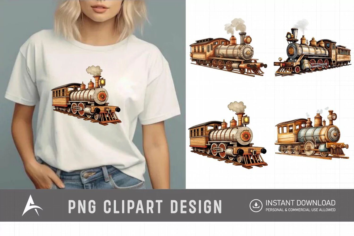Watercolor Vintage Wooden Train Sublimation Clipart product image 1