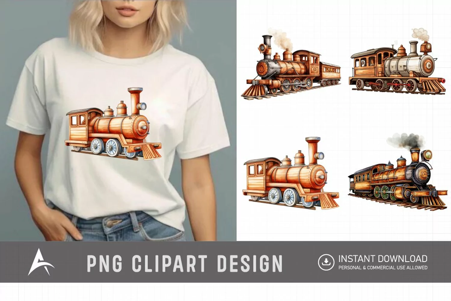 Watercolor Vintage Wooden Train Sublimation Clipart product image 1