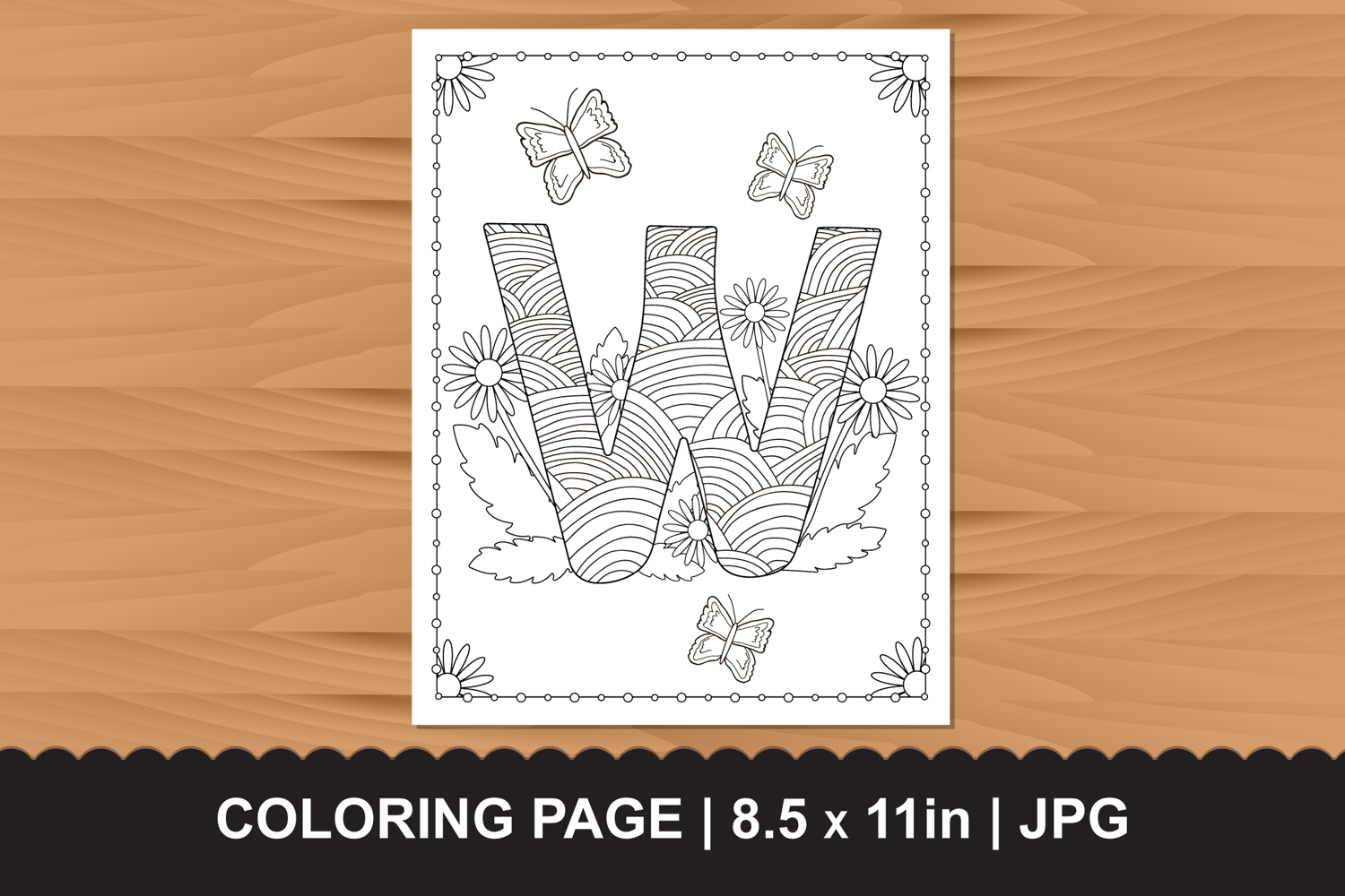 Letter W Coloring Page with Butterflies and Flowers product image 1