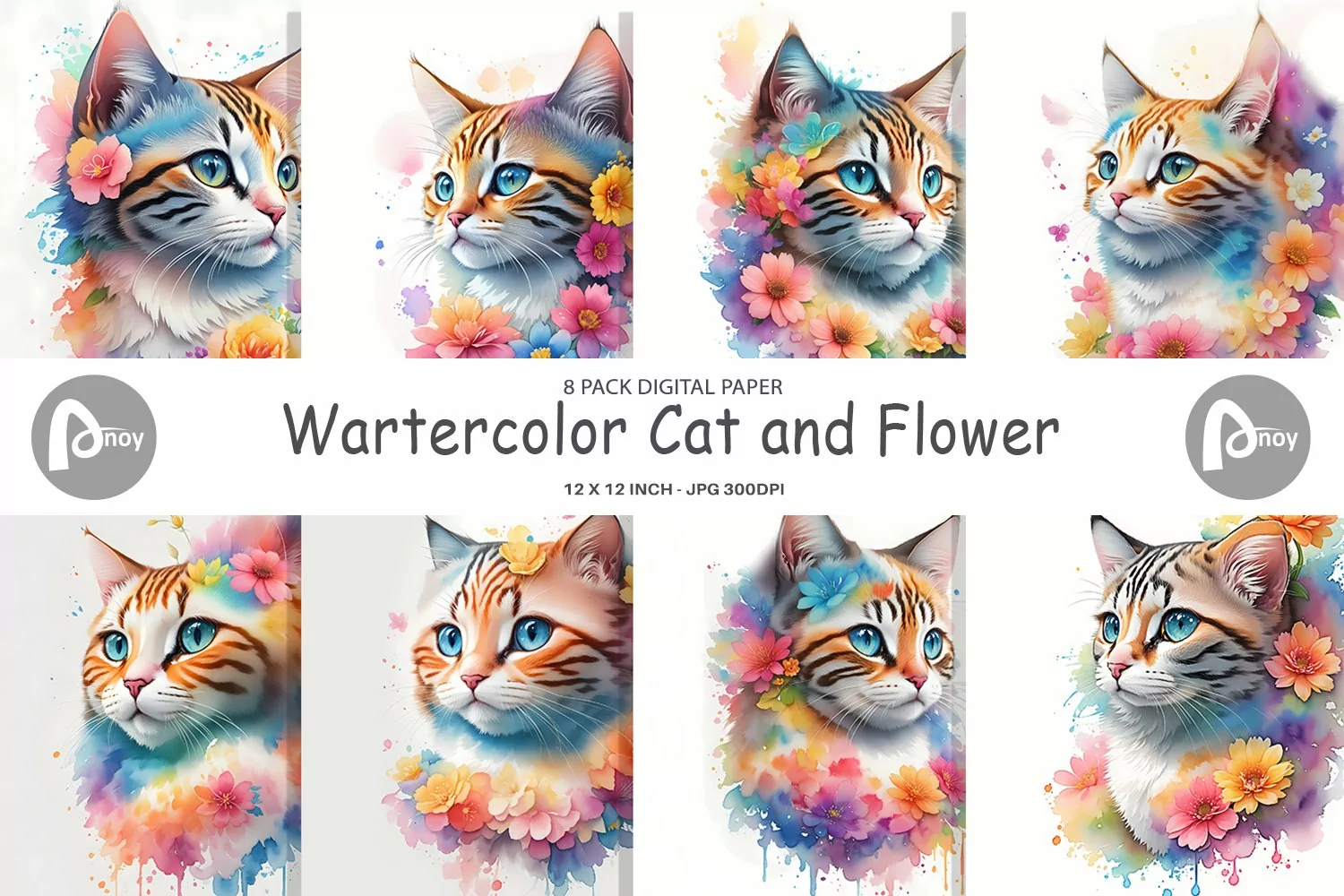 Wartercolor Cat and Flower | Digital Paper product image 1