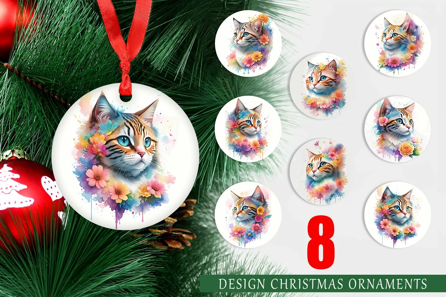 Wartercolor Cat Flower Christmas Ornaments product image 1