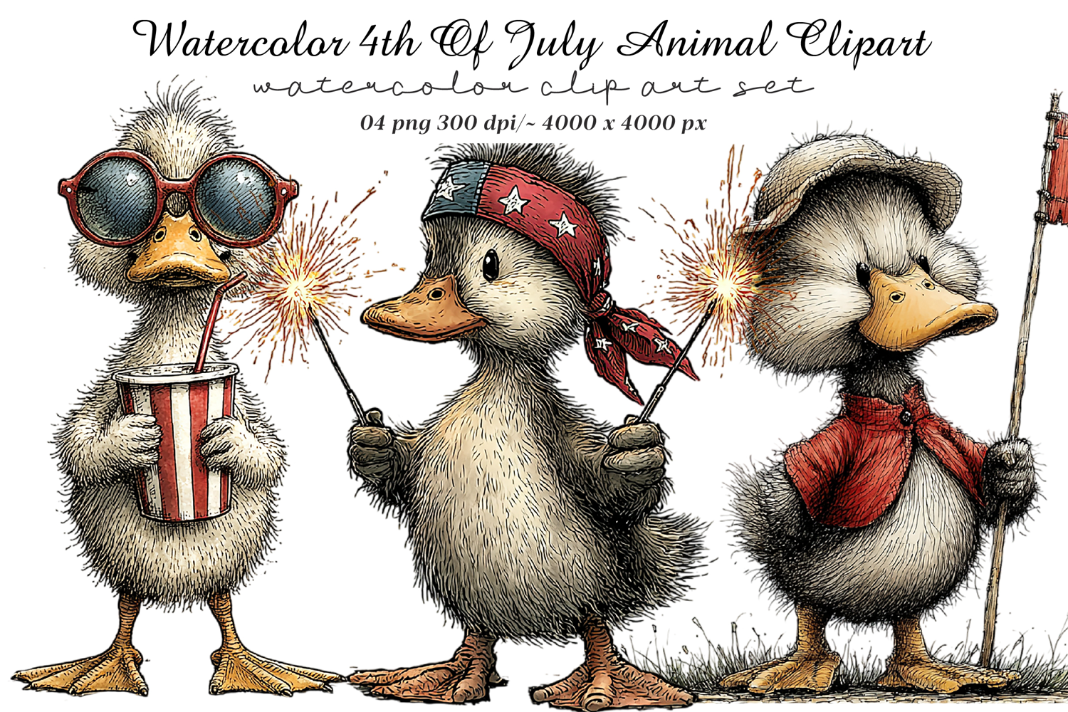 Watercolor 4th Of July Animal Clipart product image 1