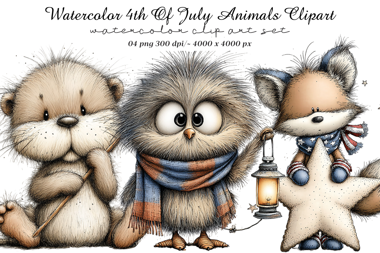 Watercolor 4th Of July Animals Clipart product image 1