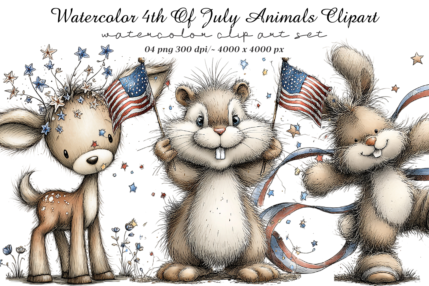Watercolor 4th Of July Animals Clipart product image 1