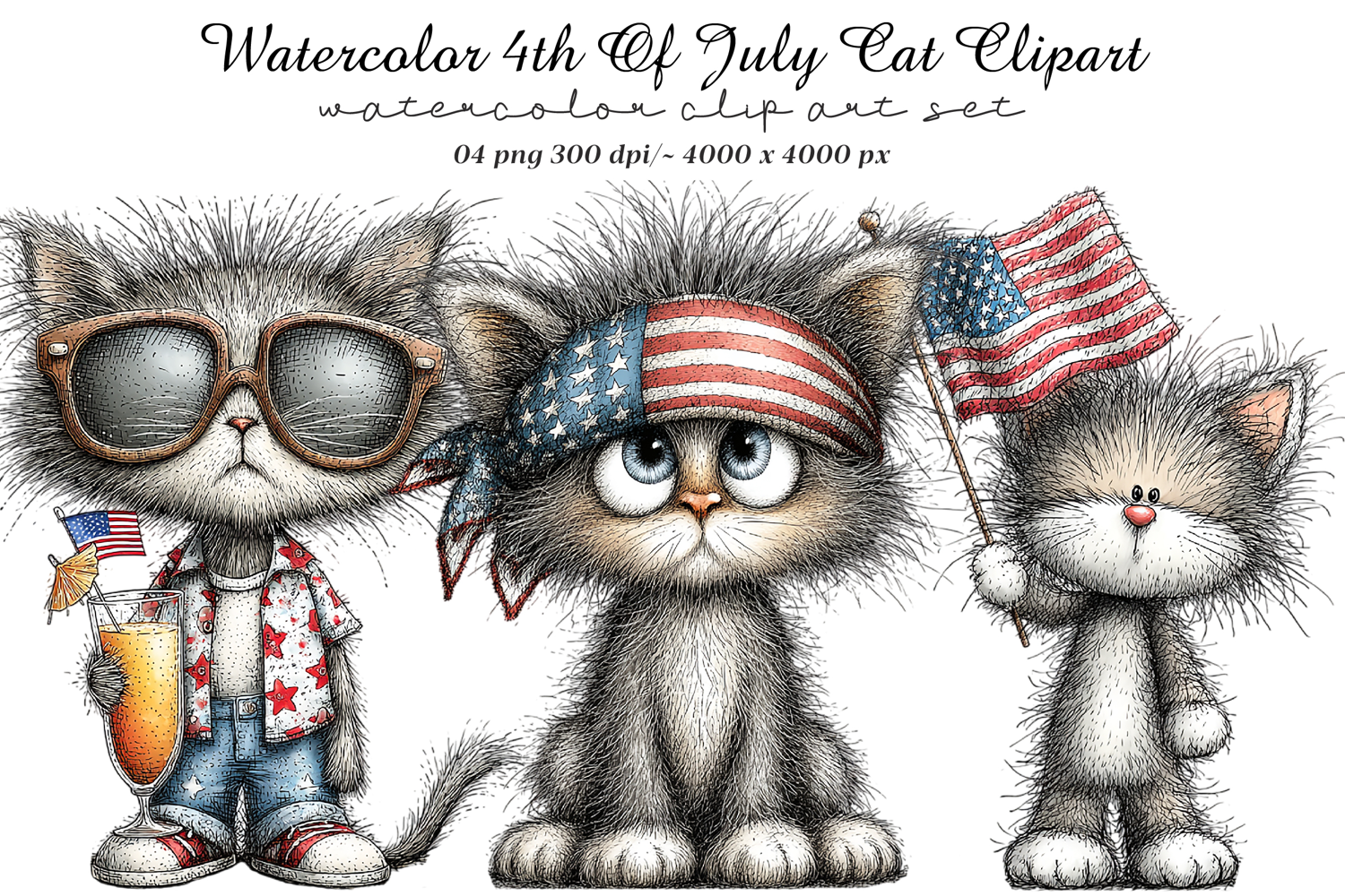 Watercolor 4th Of July Cats Clipart product image 1