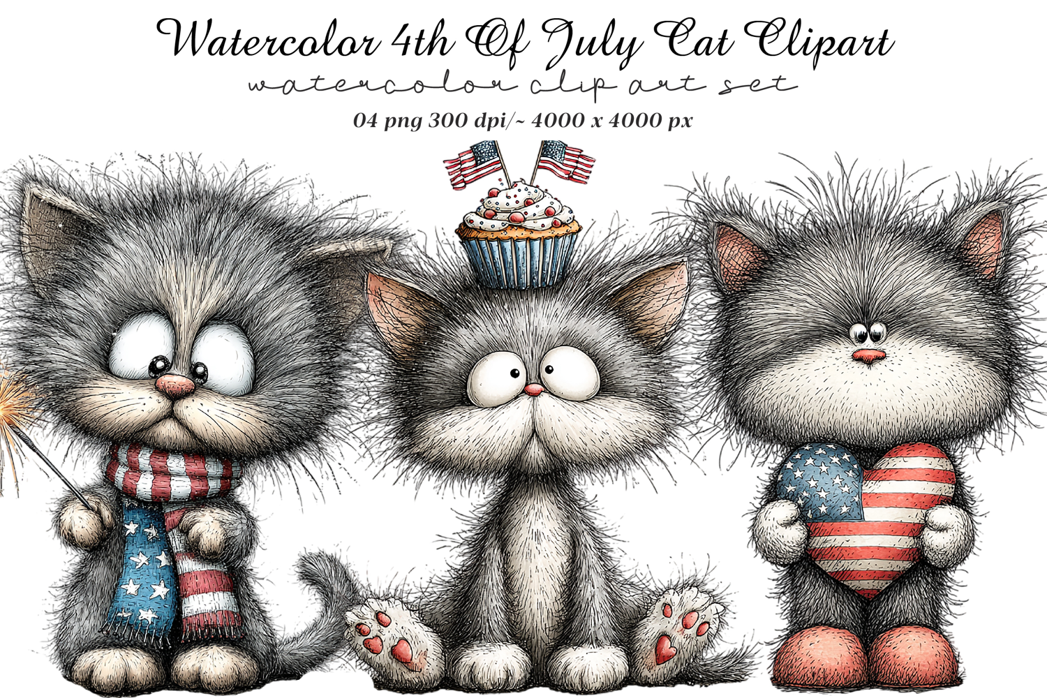 Watercolor 4th Of July Cats Clipart product image 1