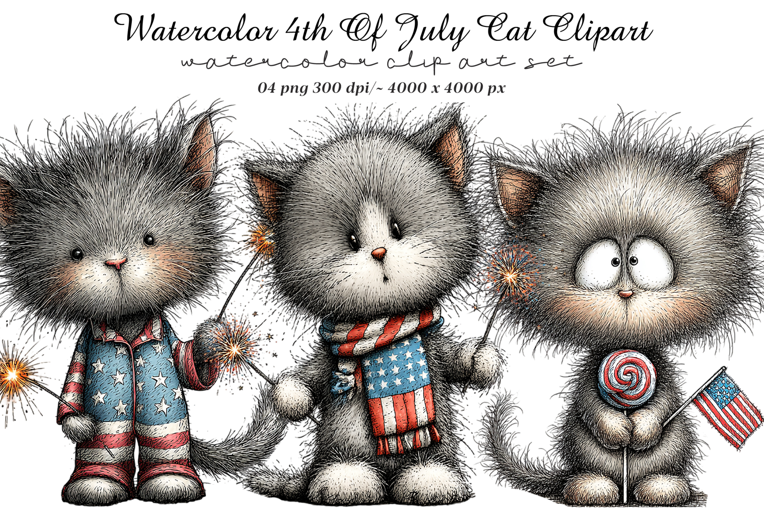 Watercolor 4th Of July Cats Clipart product image 1
