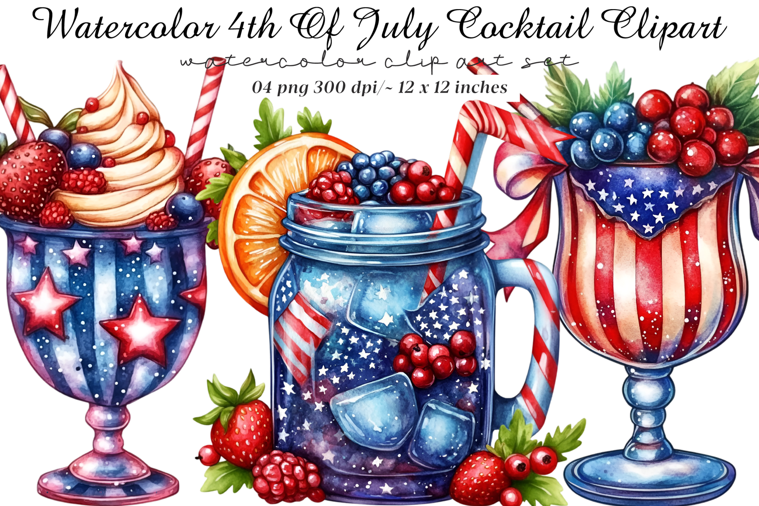 Watercolor 4th Of July Cocktail Clipart product image 1