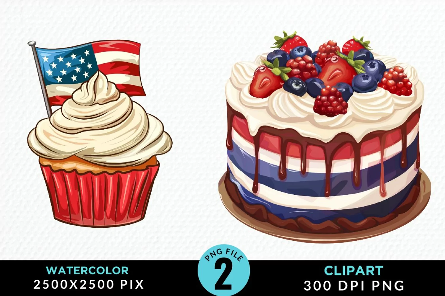 Watercolor 4th Of July Cupcakes Artwork Clipart product image 1
