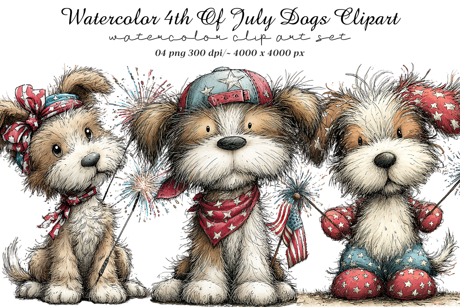 Watercolor 4th Of July Dogs Clipart product image 1