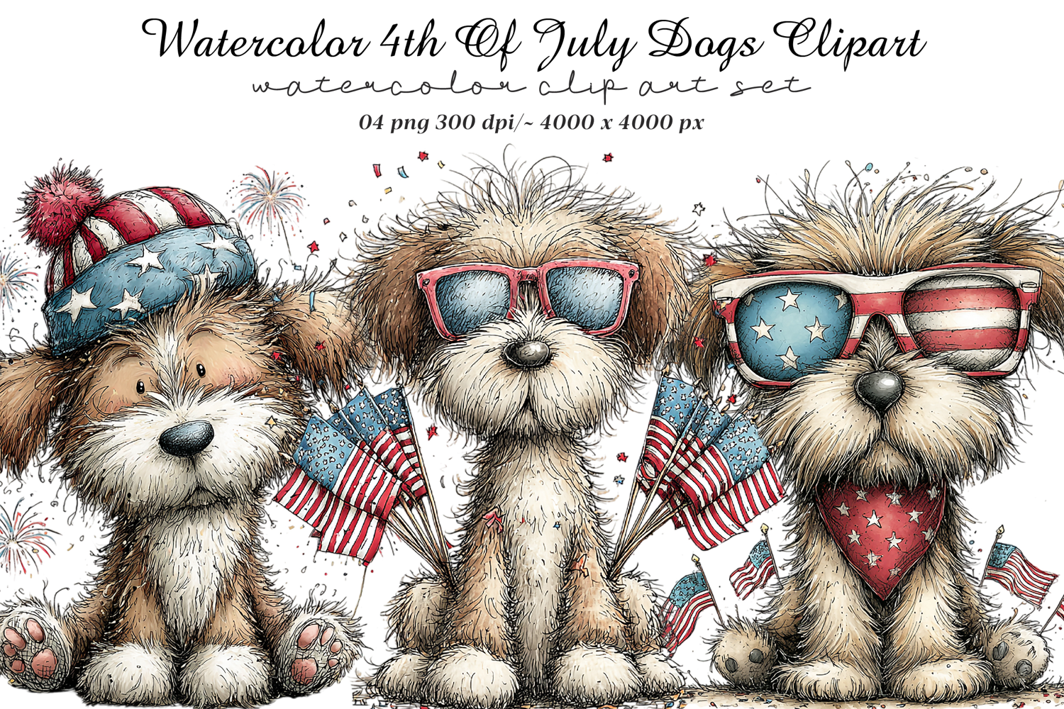Watercolor 4th Of July Dogs Clipart product image 1