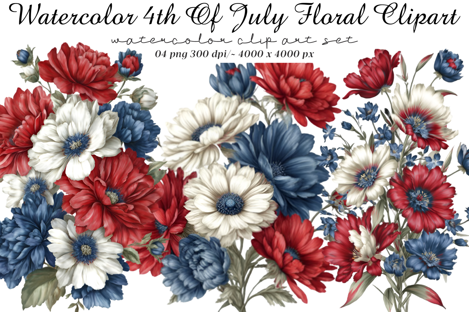 Watercolor 4th Of July Floral Clipart product image 1