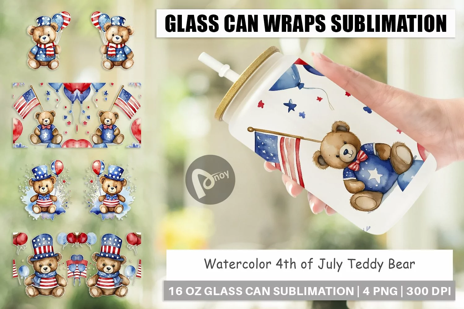 Glass Can Wraps Teddy Bear 4th of July product image 1