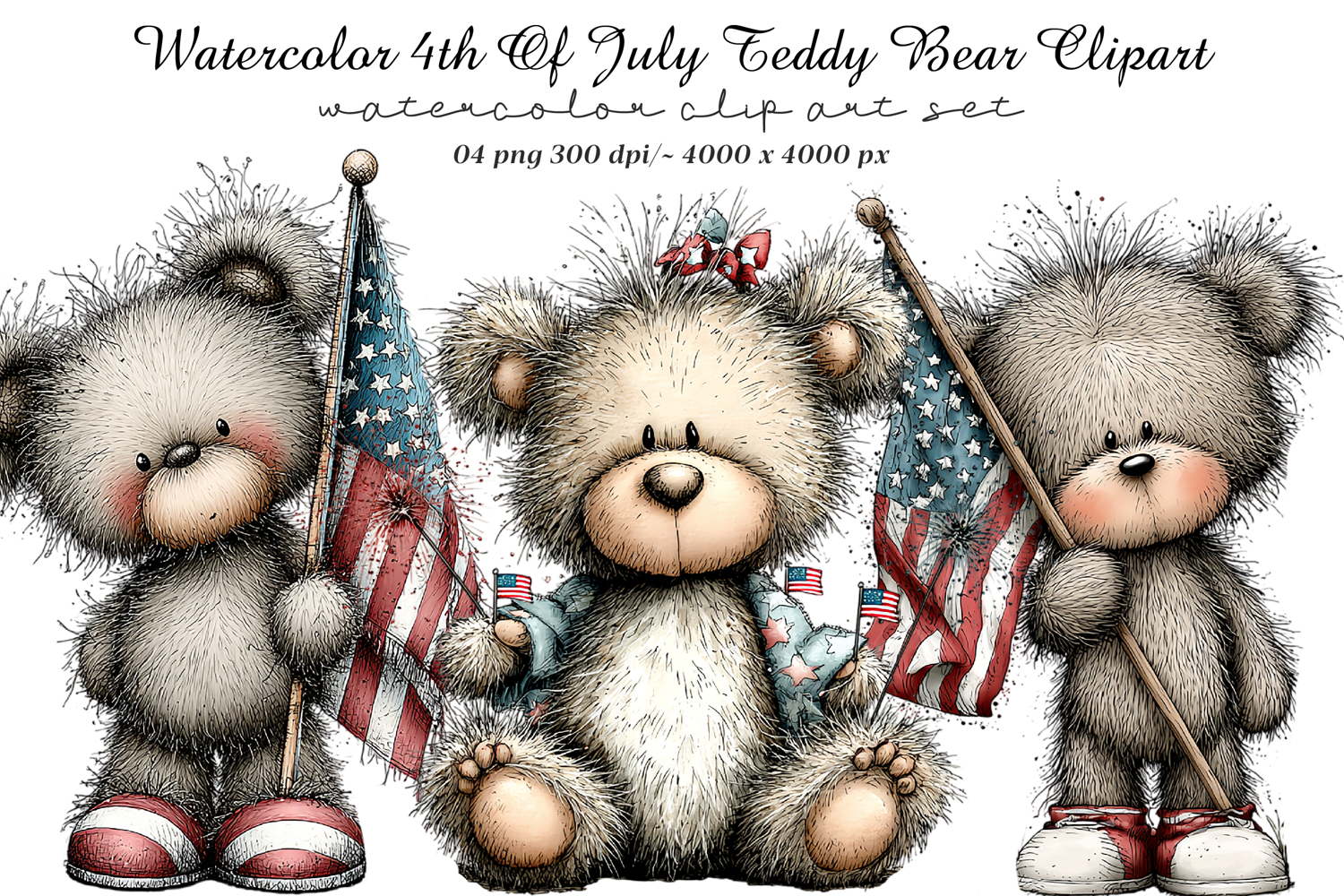 Watercolor 4th Of July Teddy Bear Clipart product image 1