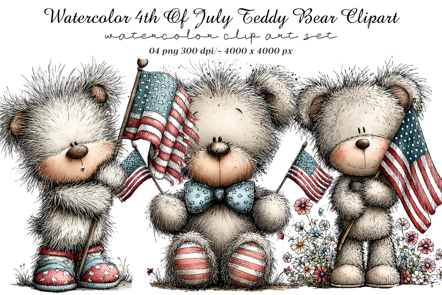 Watercolor 4th Of July Teddy Bear Clipart product image 1