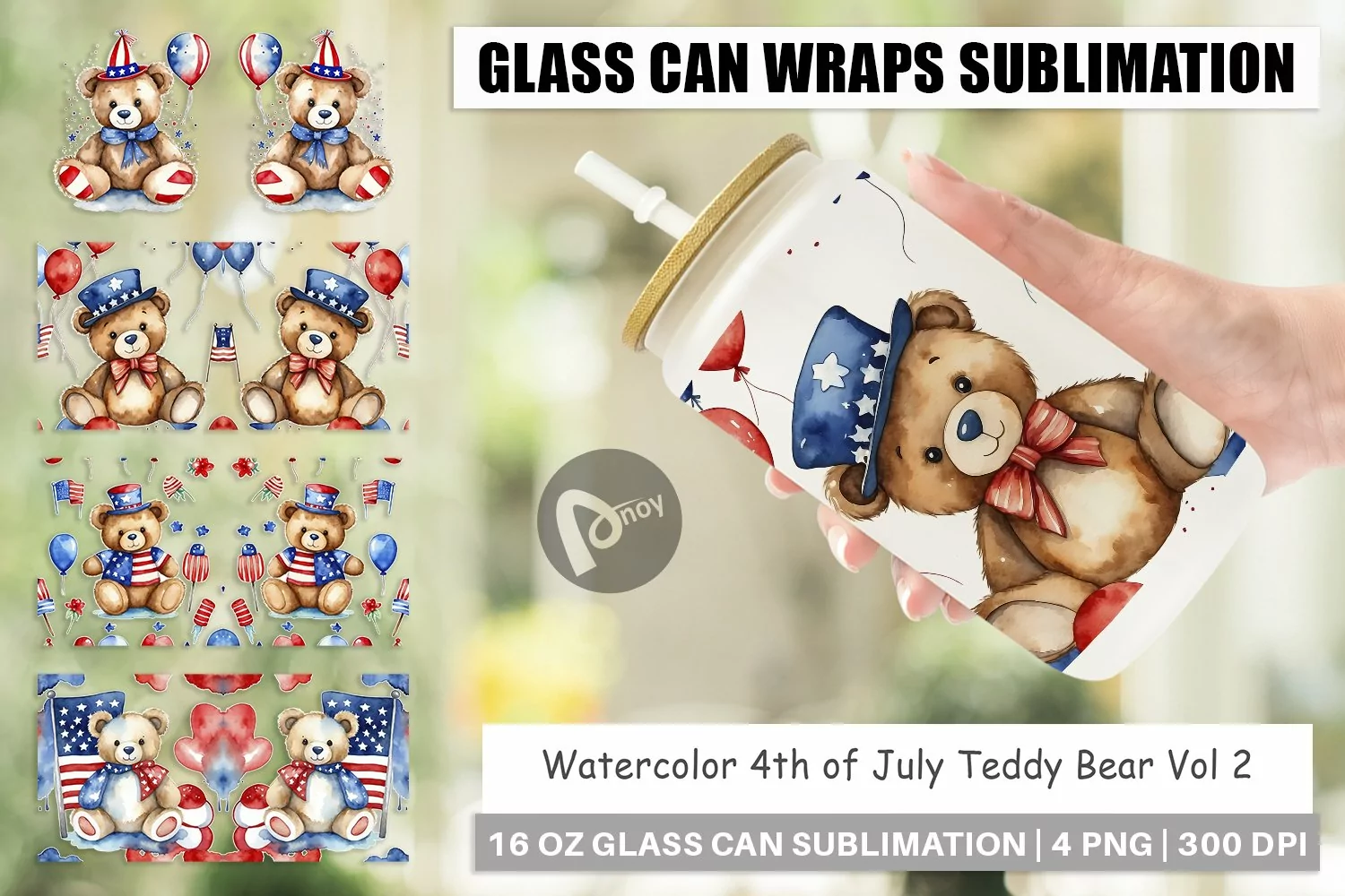 Glass Can Wraps Teddy Bear 4th of July product image 1