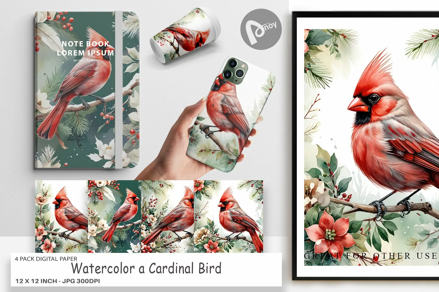 Digital Paper Watercolor Cardinal Bird product image 1