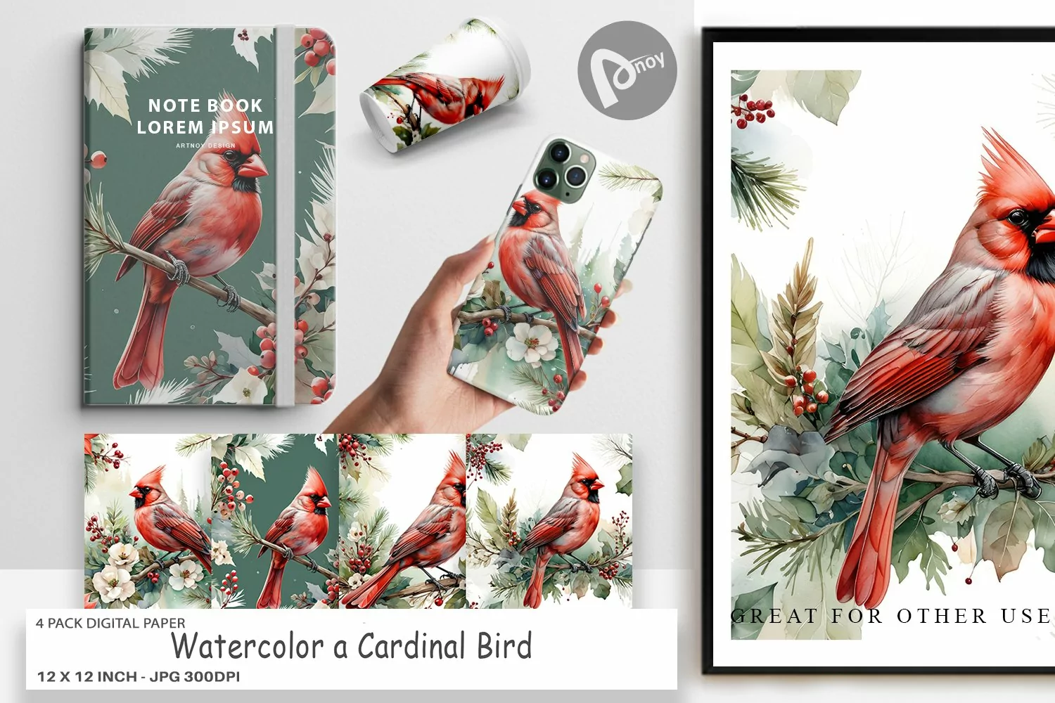 Digital Paper Watercolor Cardinal Bird product image 1
