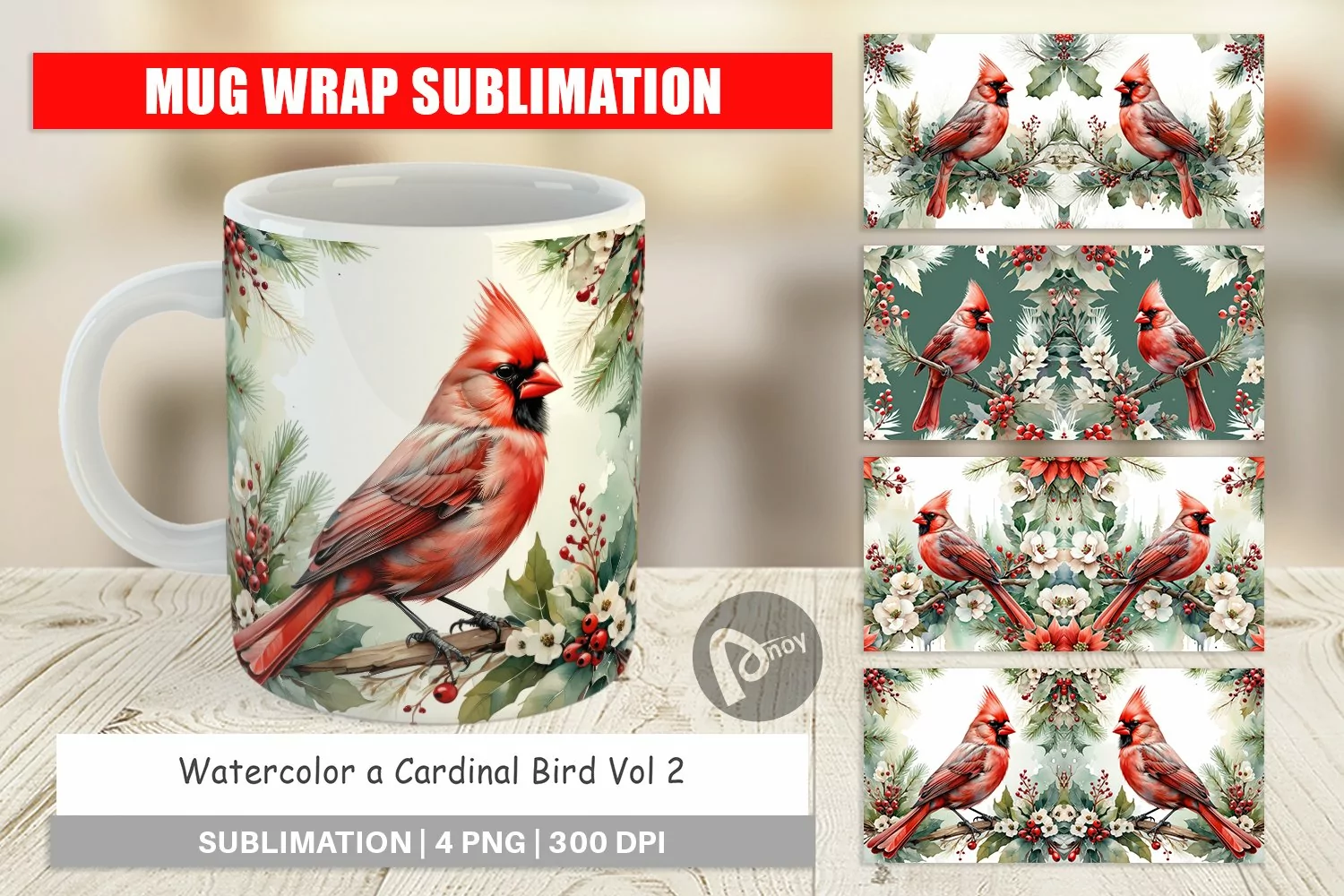 Mug Wrap Design Watercolor Cardinal Bird product image 1