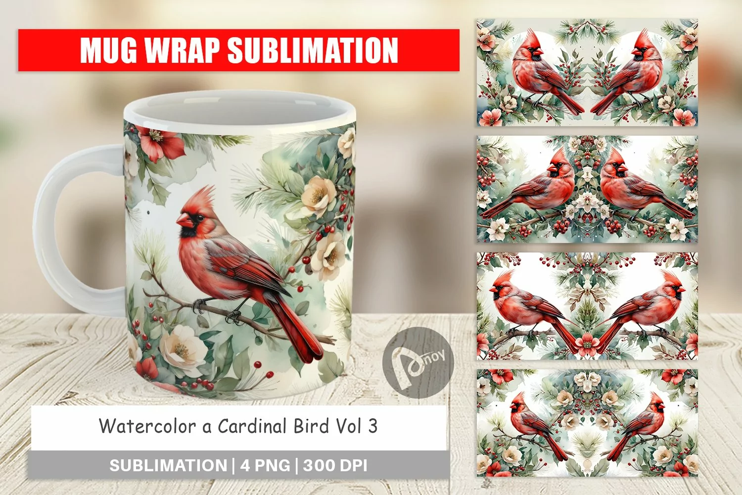 Mug Wrap Design Watercolor Cardinal Bird product image 1