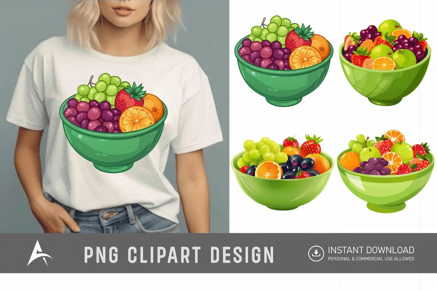 Watercolor A green bowl of fruit with strawberries Clipart product image 1