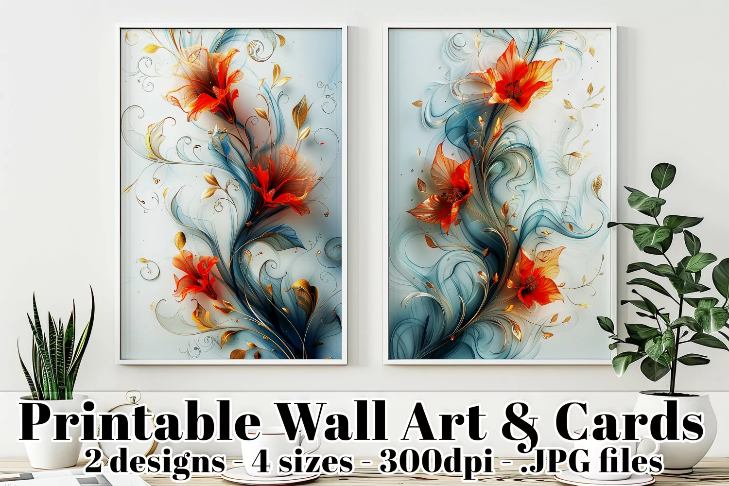 Abstract Gold, Blue with Red Flowers Posters and Cards, s2 product image 1