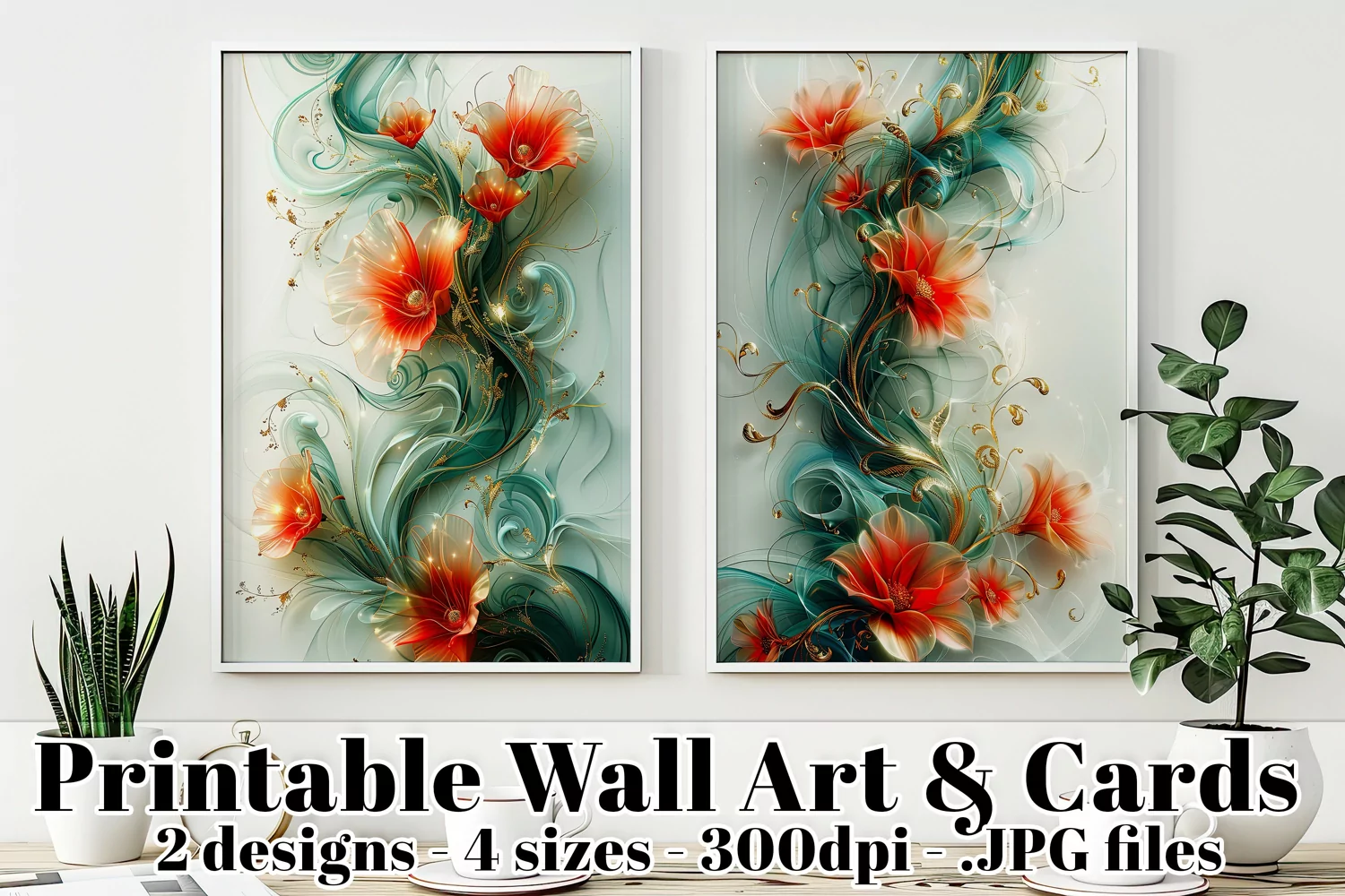 Abstract Gold, Turquoise with Red Flowers Posters Cards, s2 product image 1