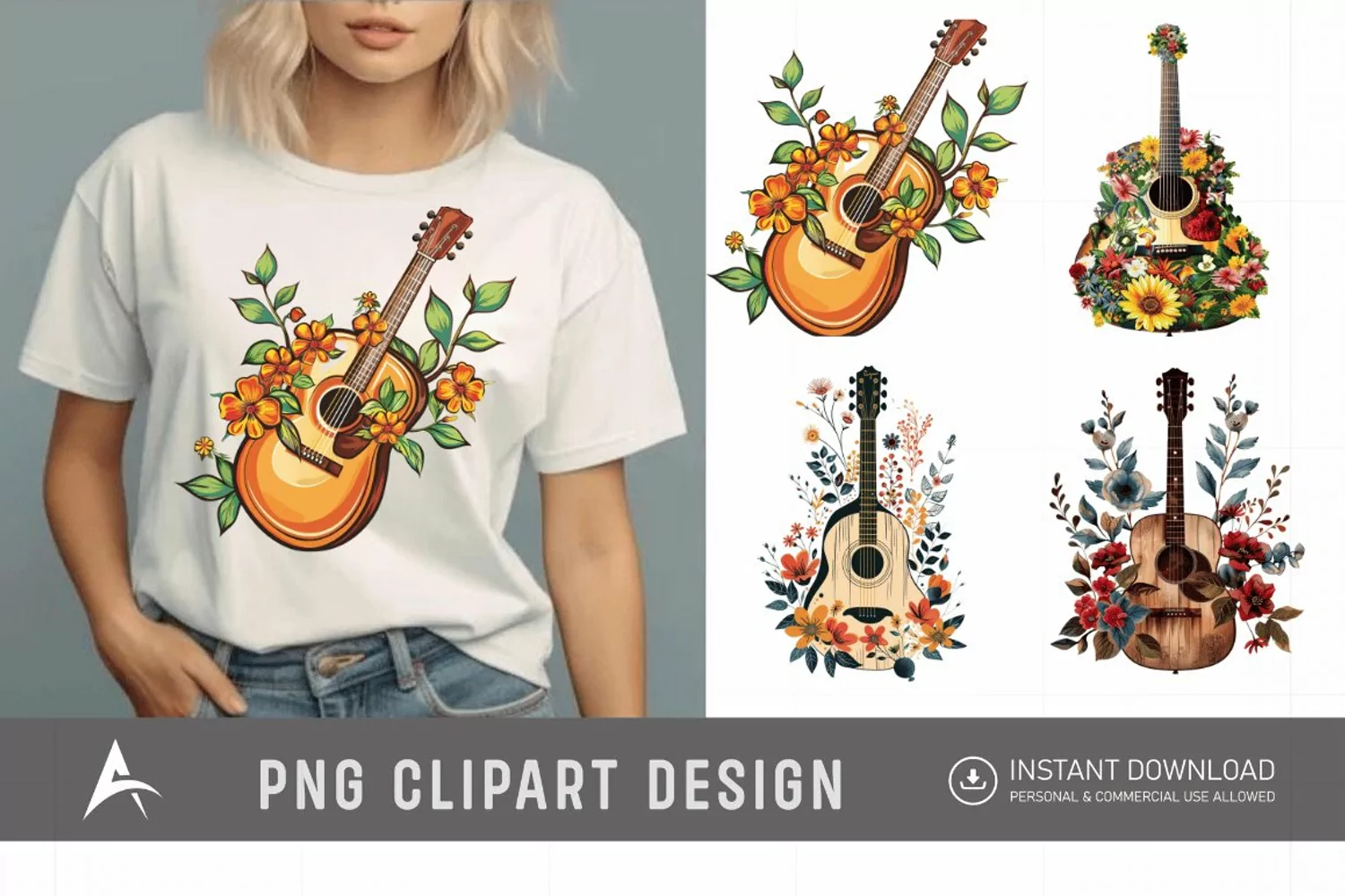 Watercolor Acoustic Guitars Flowers Clipart product image 1