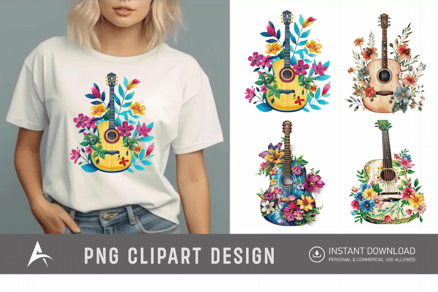 Watercolor Acoustic Guitars Flowers Clipart product image 1