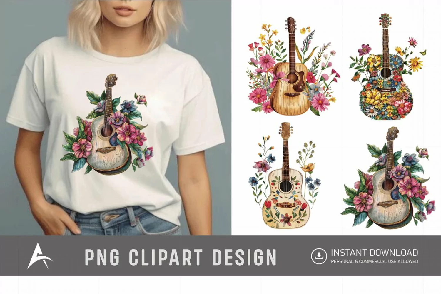 Watercolor Acoustic Guitars Flowers Clipart product image 1