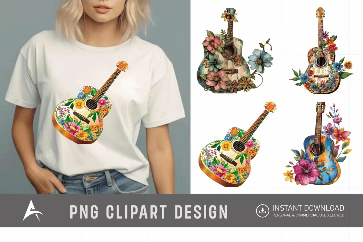 Watercolor Acoustic Guitars Flowers Clipart product image 1