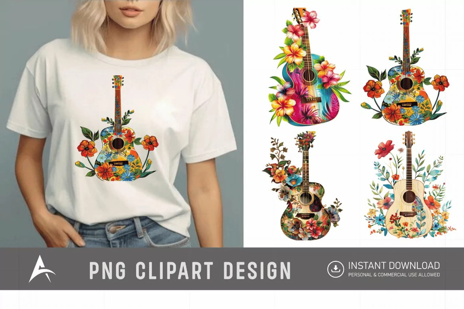 Watercolor Acoustic Guitars Flowers Clipart product image 1
